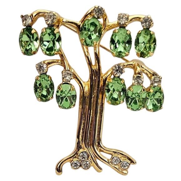 KJL Tree Of Life Green Uranium Glass Rhinestone Dangle Brooch Pin Signed, J104 - Picture 1 of 9